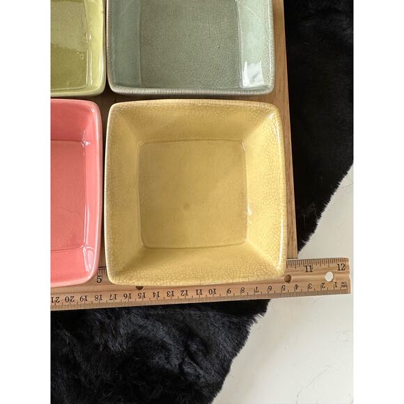 Square Bamboo Serving Board & 4 colored ceramic square dishes, ramakins, 5 pc - Picture 3 of 10
